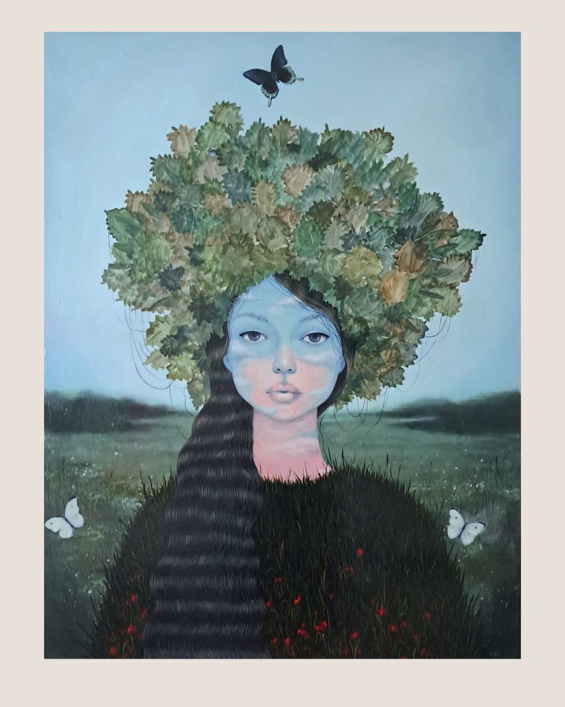 Mother earth with sky on her face, she wears natural gown, wears on her head crown made entirely from leafs, she is posing on a meadow surrounded by white butterflies