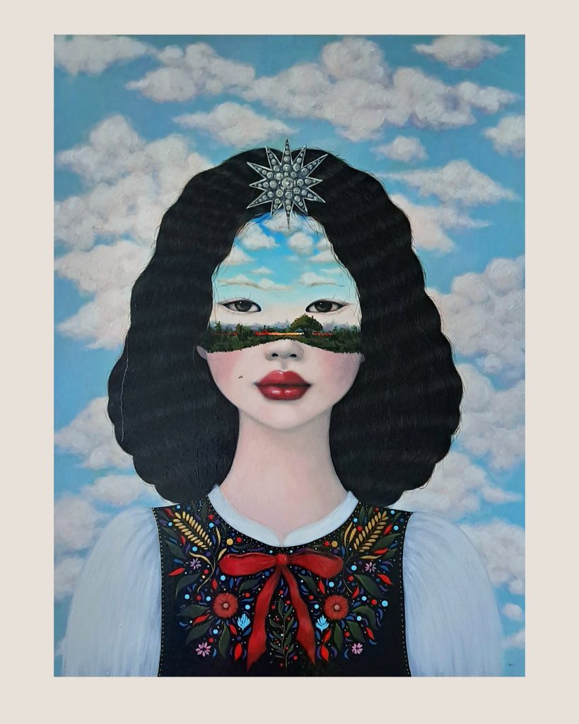 Surrealistic portrait of beautiful woman with the landscape on her face. She wearing star shape crown and wearing jerking inspired by the polish Folklore.